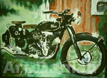 Velocette motorcykel oil painting on board 42 x 32 cm